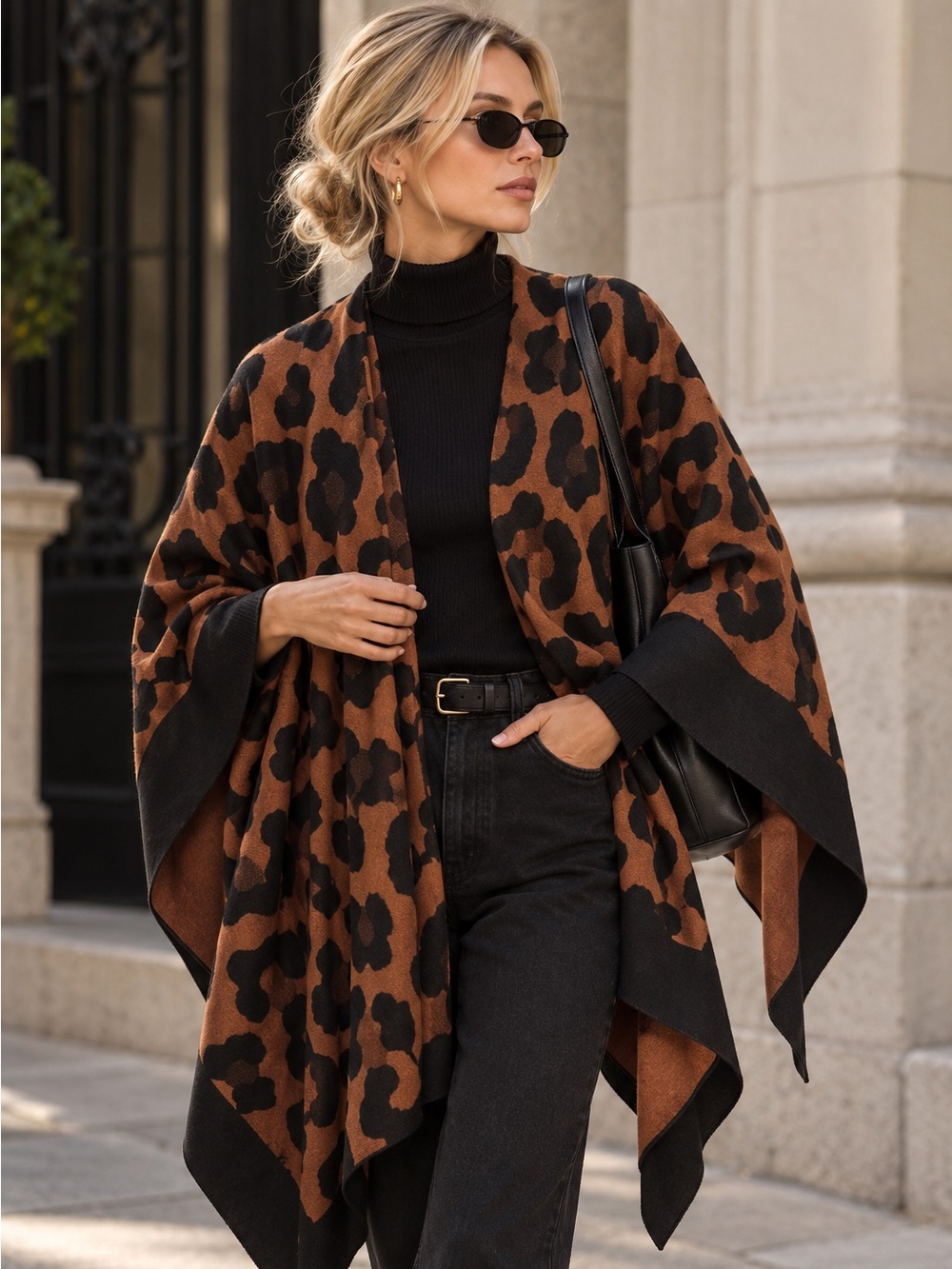 Melifluos Leopard Print Ruana Poncho Wrap Camel Black Oversized Animal Print